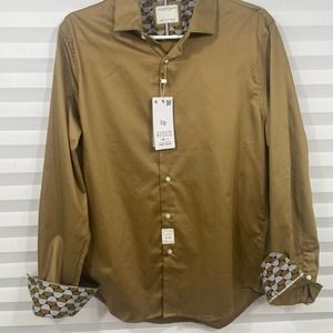 Denim & Flower Long Sleeve Button Down Shirt. Satin. Gold. NWT Medium